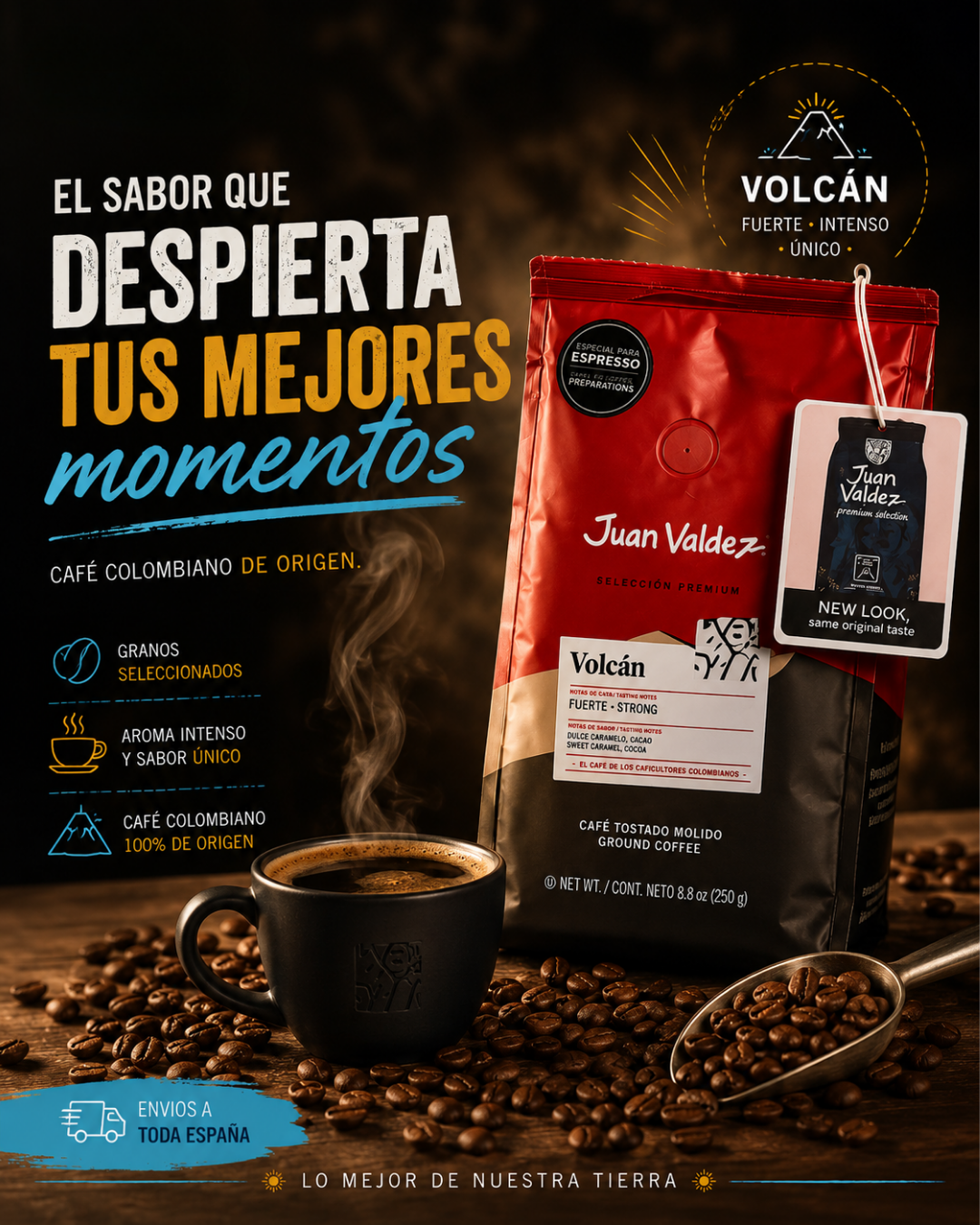 Juan Valdez Volcán Café Molido, Tostión Fuerte, Notas de Caramelo y Cacao - 250 Gramos