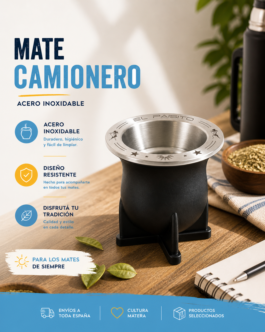 MATE Camionero Acero inoxidable - TANGO/GAUCHO 280ml (Negro)