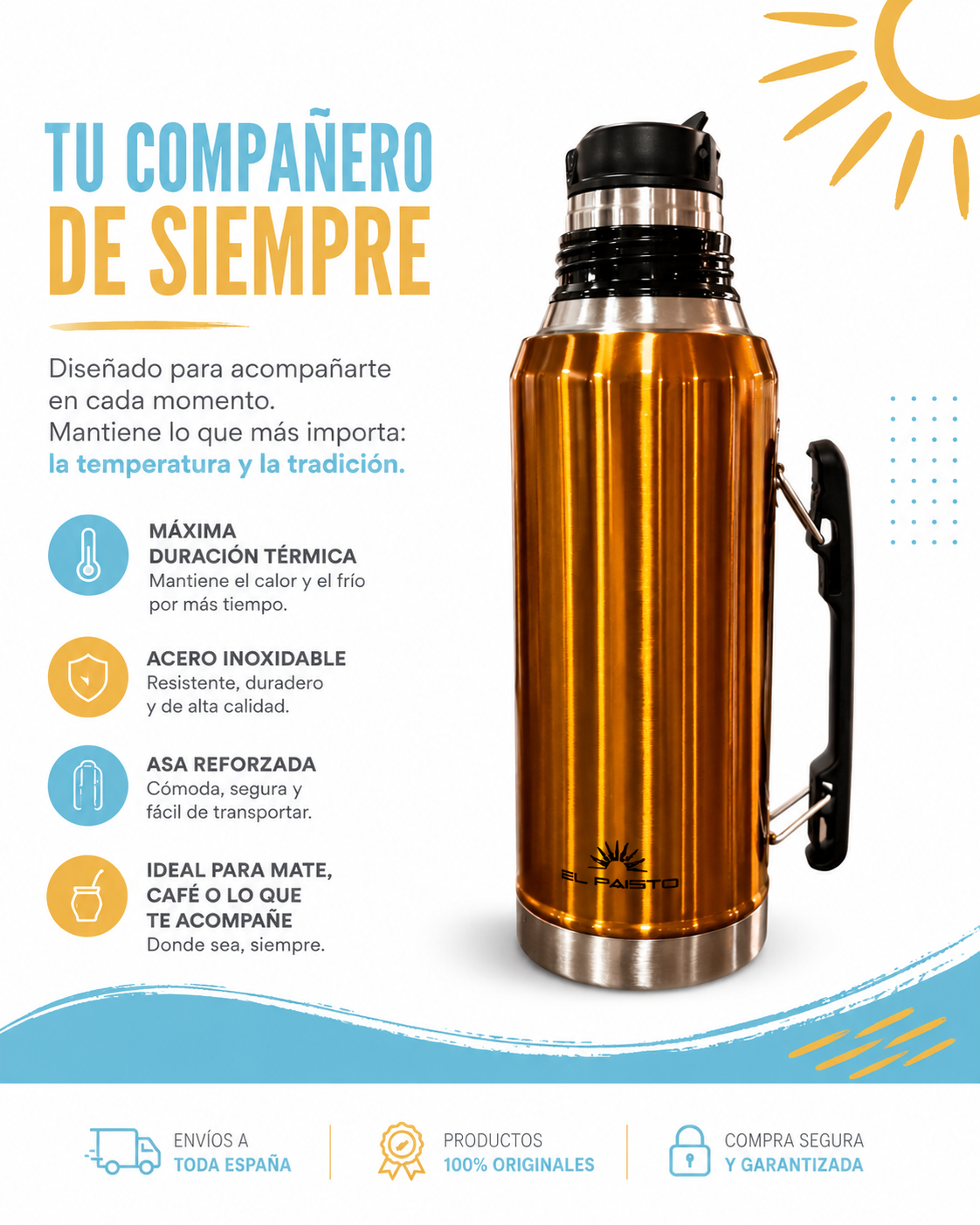 Termo acero inoxidable EL PAISITO 1.2L (Bronce)