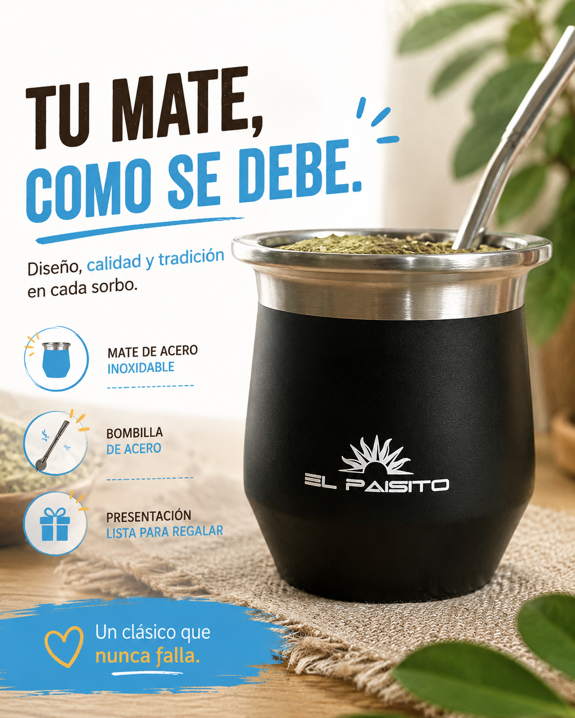 Mate Acero inoxidable estilo Camionero El Paisito 270ml (Negro)