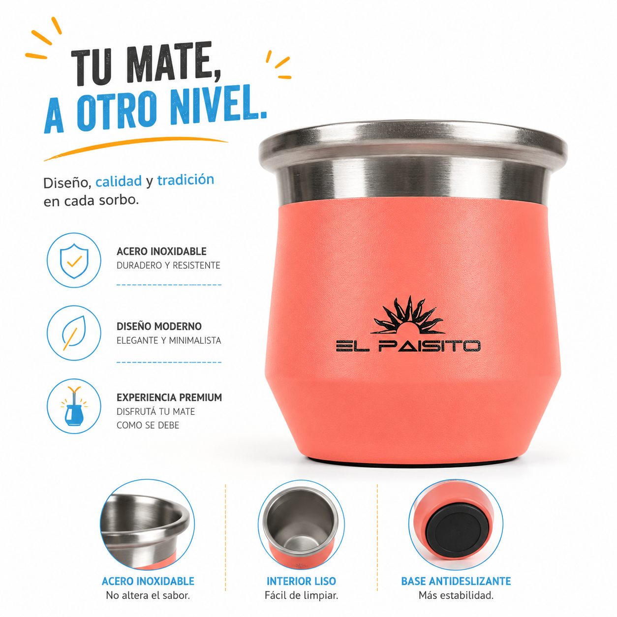 Mate Acero inoxidable estilo Camionero El Paisito 270ml (Coral)