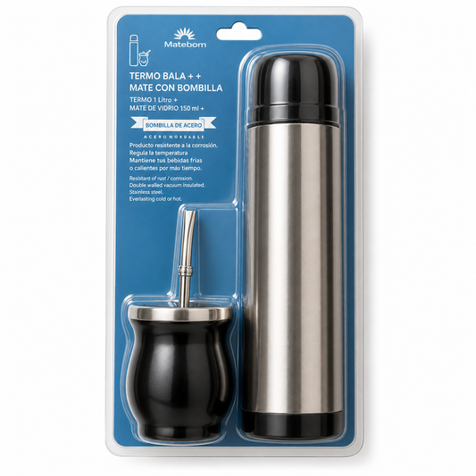 Pack Termo 500ml + mate y bombilla - Color Negro