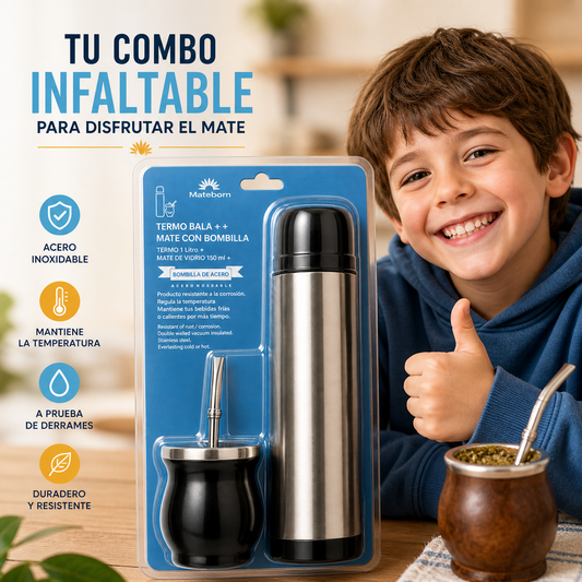 Pack Termo 500ml + mate y bombilla - Color Negro