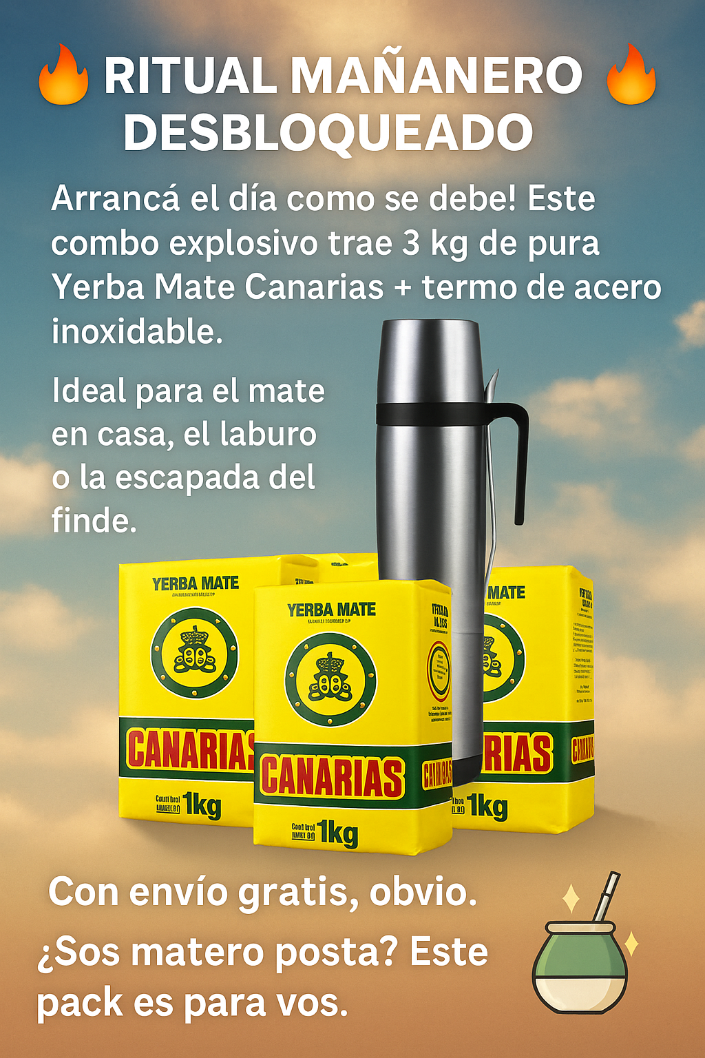 Pack Yerba Canarias tradicional y Termo de aluminio con Bombilla