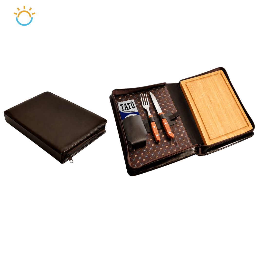 Set Parrillero (Cubiertos, naipes, tabla de bamboo) con funda de cuero
