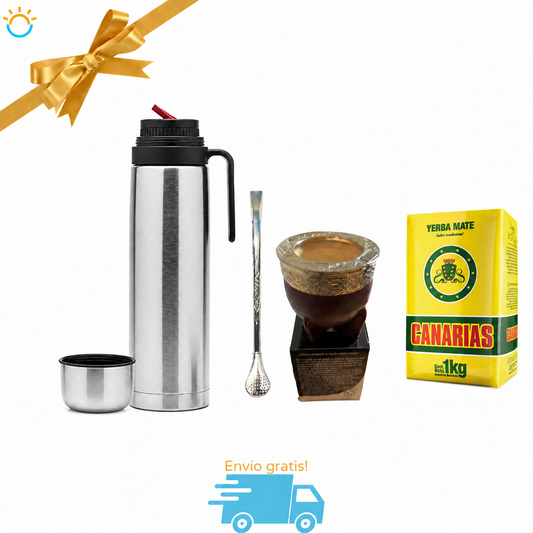 Pack Elegante - Termo El Paisito Acero Inoxidable Premium - Mate imperial de calabaza + Bombillón de Alpaca + Yerba Canarias Tradicional 1kg