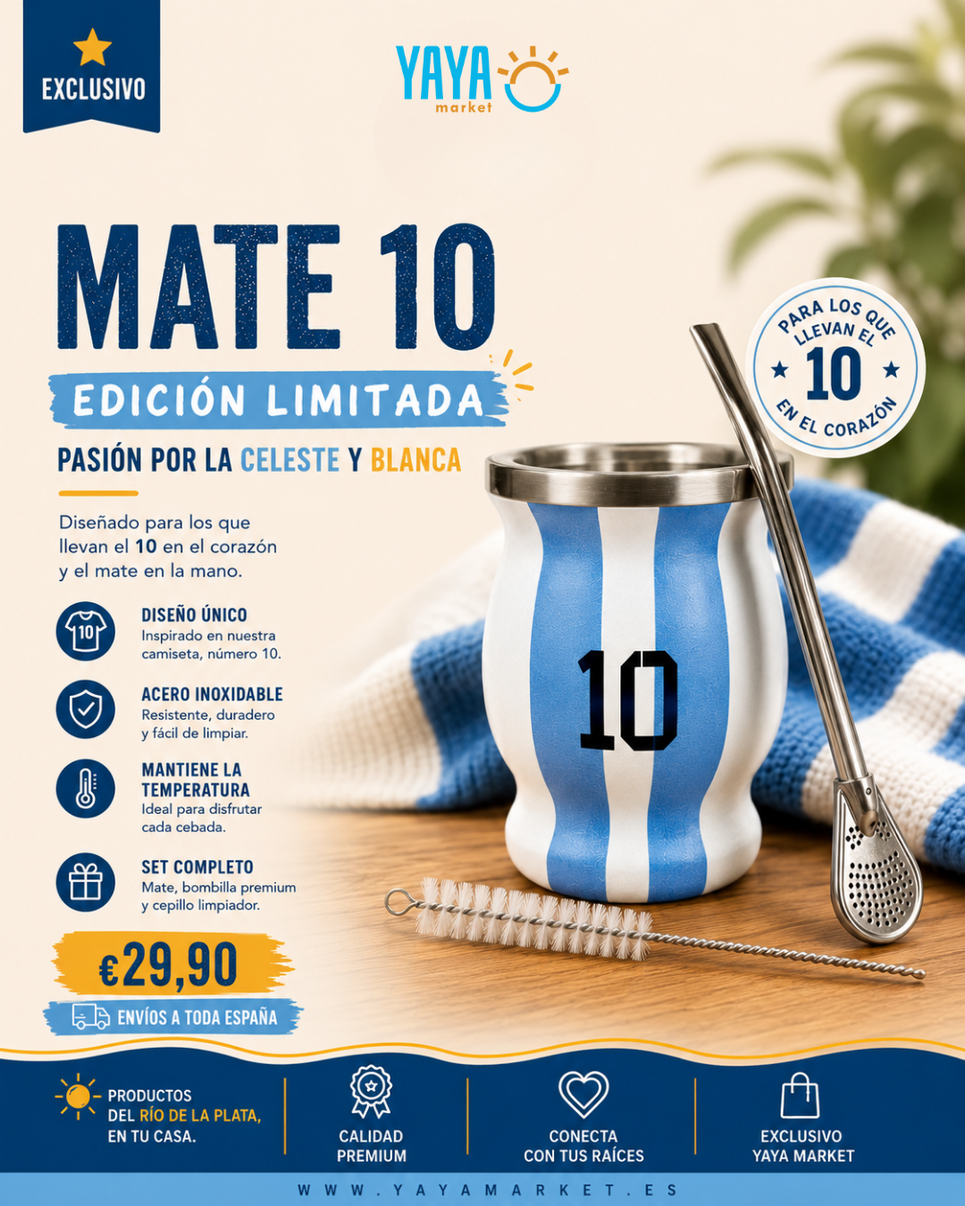 Kit Mate Argentina (Mate aluminio, bombilla, limpiador)